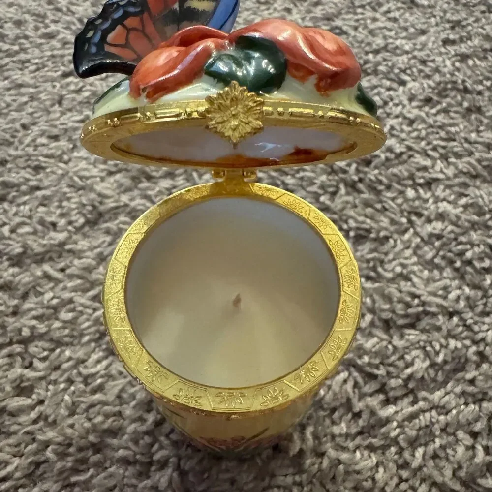 Vintage Bombay Co Porcelain Butterfly Flower Hinged Trinket Box Candle Holder